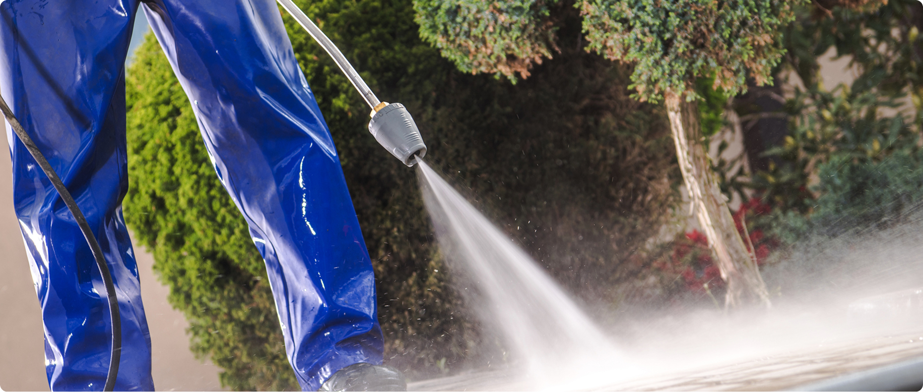 High-pressure water cleaning in garden area